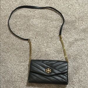 Tory Burch Black and Gold Crossbody Bag with Quilted Design